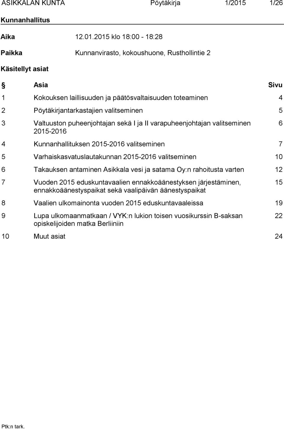 2015 klo 18:00-18:28 Paikka Kunnanvirasto, kokoushuone, Rusthollintie 2 Käsitellyt asiat Asia Sivu 1 Kokouksen laillisuuden ja päätösvaltaisuuden toteaminen 4 2 Pöytäkirjantarkastajien valitseminen 5