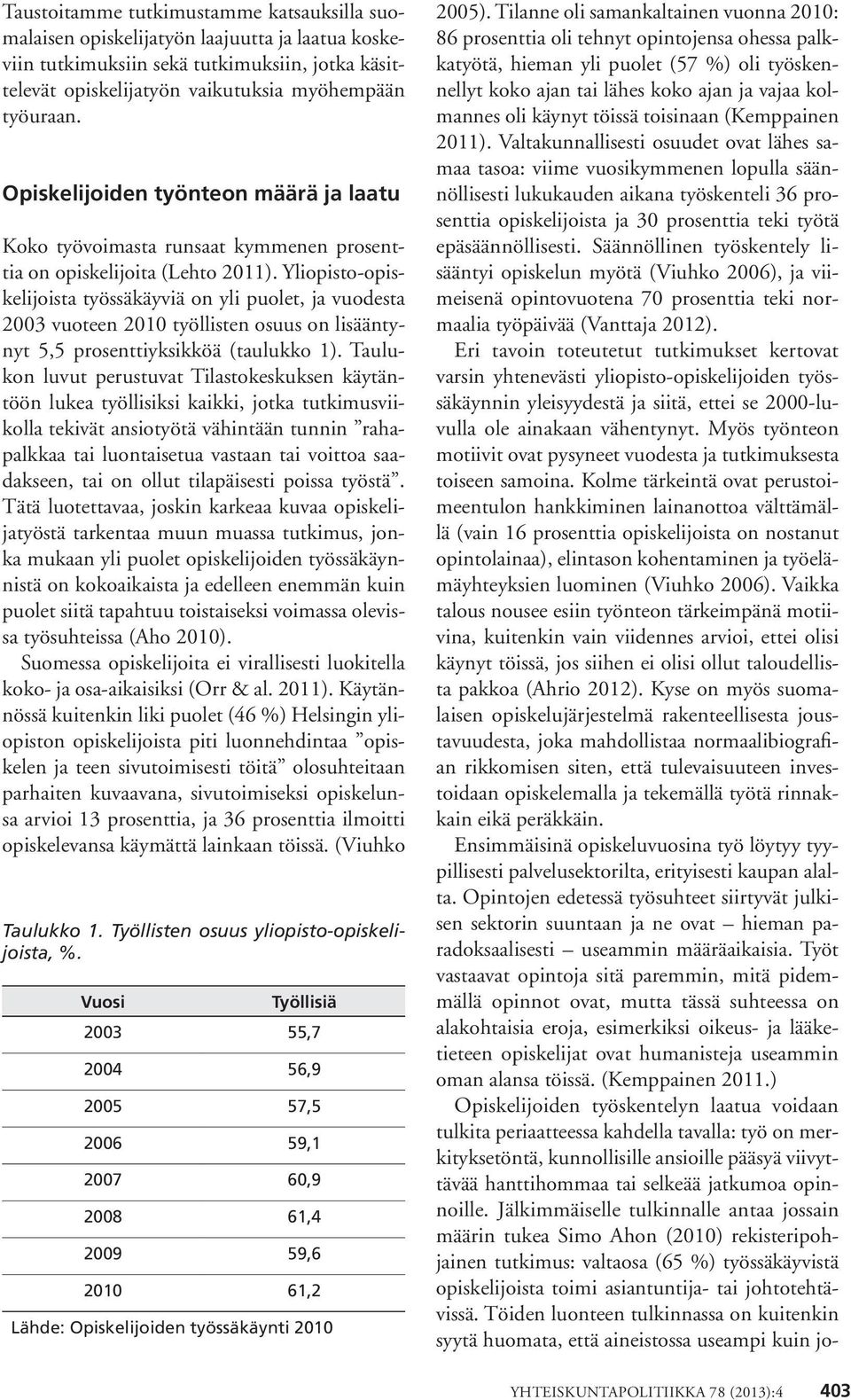 Yliopisto-opiskelijoista työssäkäyviä on yli puolet, ja vuodesta 2003 vuoteen 2010 työllisten osuus on lisääntynyt 5,5 prosenttiyksikköä (taulukko 1).