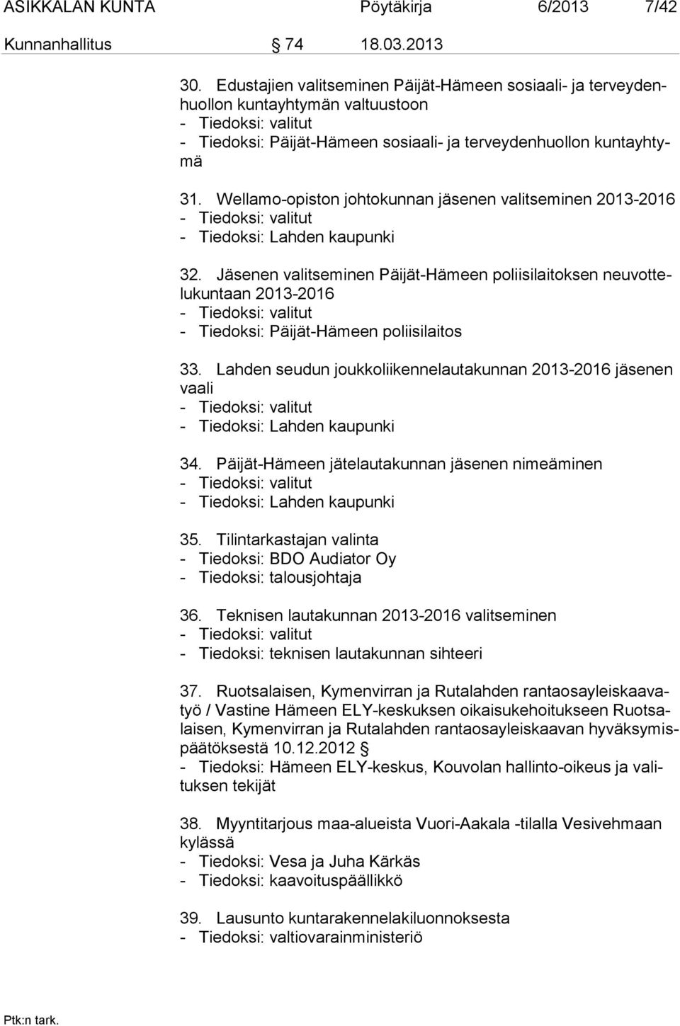 Wellamo-opiston johtokunnan jäsenen valitseminen 2013-2016 - Tiedoksi: valitut - Tiedoksi: Lahden kaupunki 32.