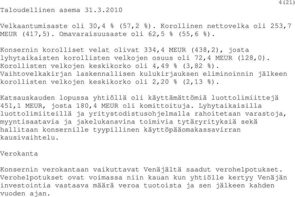 Vaihtovelkakirjan laskennallisen kulukirjauksen eliminoinnin jälkeen korollisten velkojen keskikorko oli 2,20 % (2,13 %).