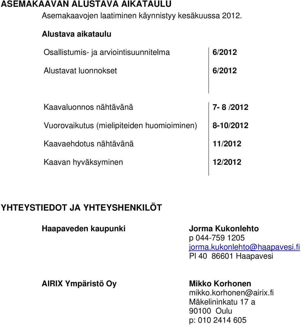 (mielipiteiden huomioiminen) 8-10/2012 Kaavaehdotus nähtävänä 11/2012 Kaavan hyväksyminen 12/2012 YHTEYSTIEDOT JA YHTEYSHENKILÖT Haapaveden