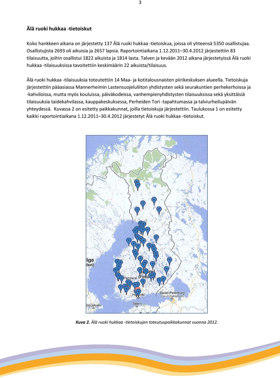 Talven ja kevään 2012 aikana järjestetyissä Älä ruoki hukkaa -tilaisuuksissa tavoitettiin keskimäärin 22 aikuista/tilaisuus.