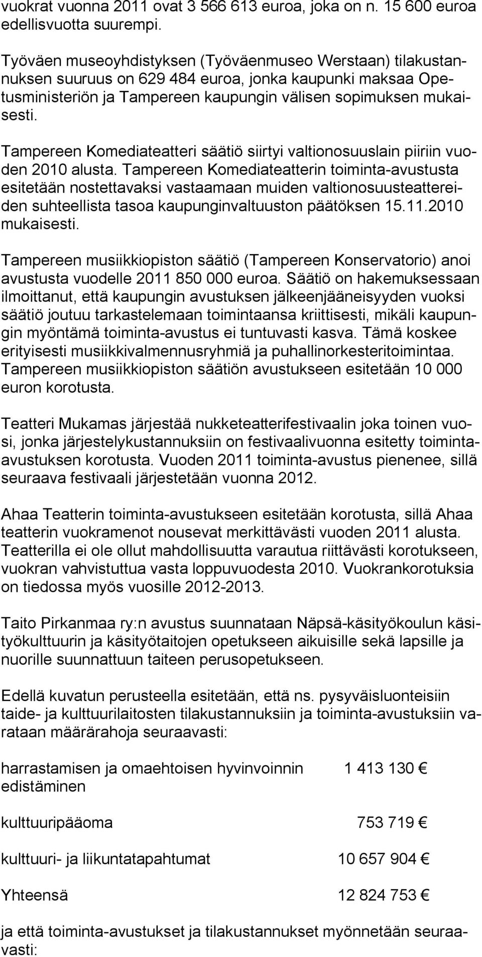 Tampereen Komediateatteri säätiö siirtyi valtionosuuslain piiriin vuoden 2010 alusta.
