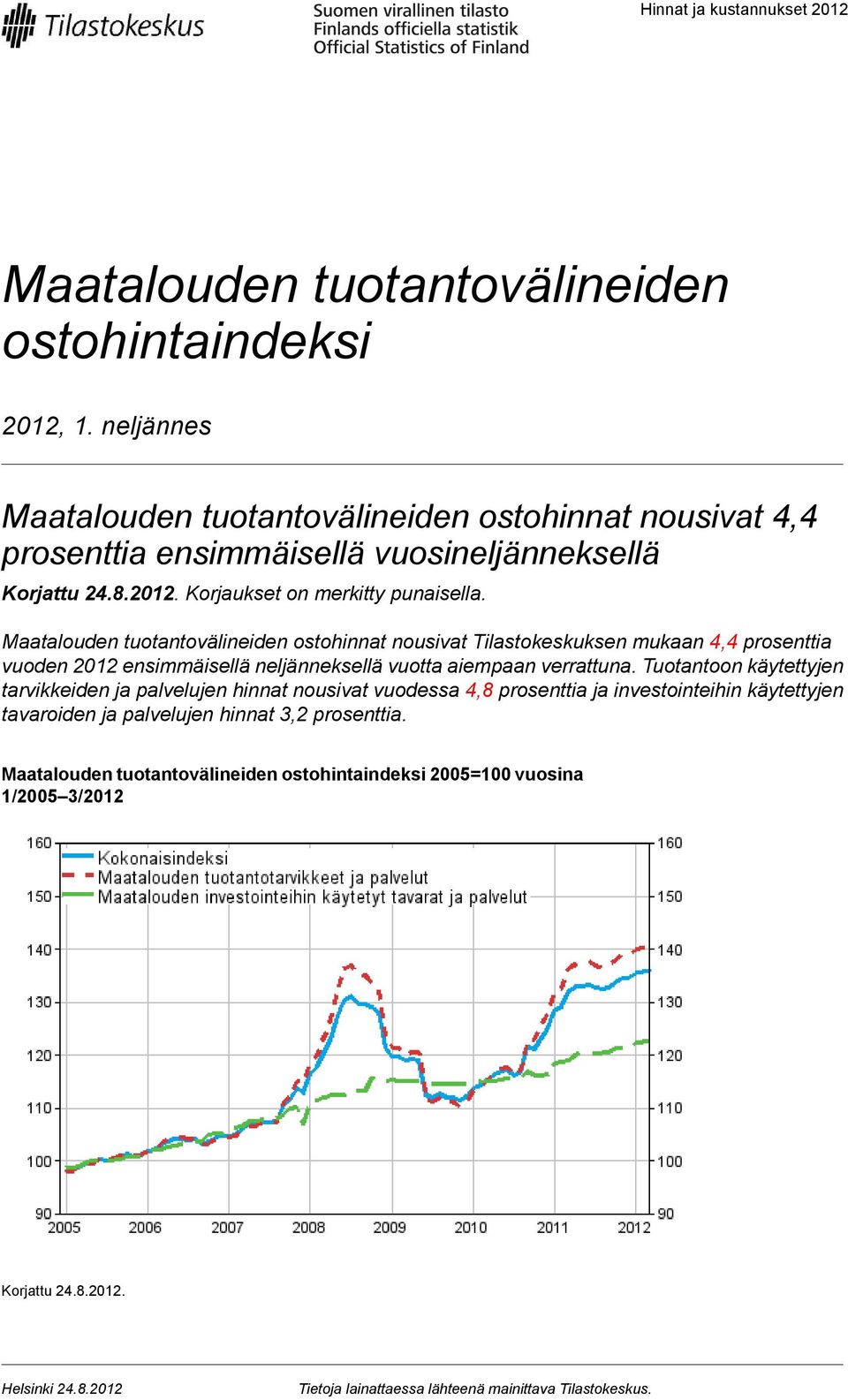 Maatalouden tuotantovälineiden ostohinnat nousivat Tilastokeskuksen mukaan 4,4 prosenttia vuoden 2012 ensimmäisellä neljänneksellä vuotta aiempaan verrattuna.
