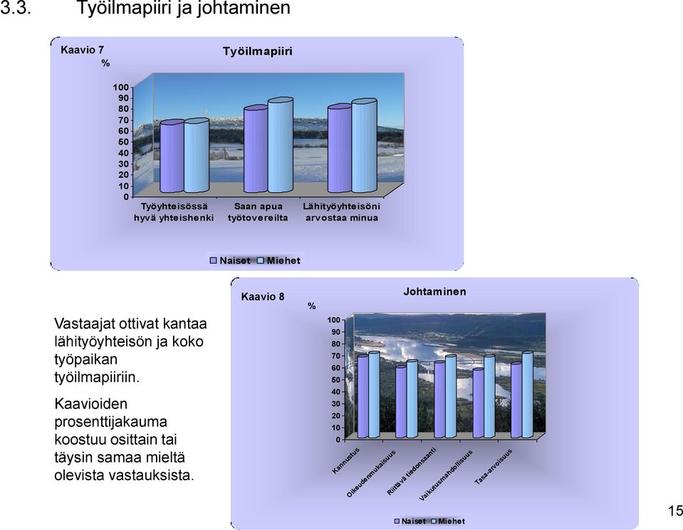 työilmapiiriin. Kaavioiden prosenttijakauma koostuu osittain tai täysin samaa mieltä olevista vastauksista.