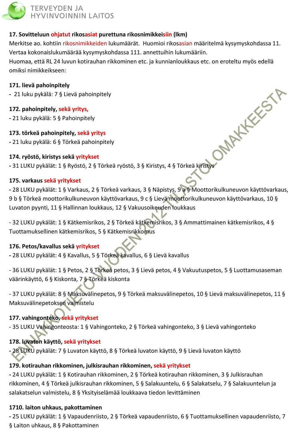 lievä pahoinpitely 21 luku pykälä: 7 Lievä pahoinpitely 172. pahoinpitely, sekä yritys, 21 luku pykälä: 5 Pahoinpitely 173. törkeä pahoinpitely, sekä yritys 21 luku pykälä: 6 Törkeä pahoinpitely 174.