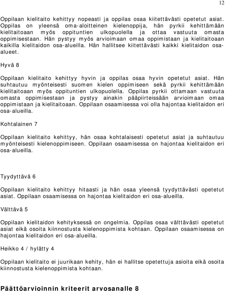 Hän pystyy myös arvioimaan omaa oppimistaan ja kielitaitoaan kaikilla kielitaidon osa-alueilla. Hän hallitsee kiitettävästi kaikki kielitaidon osaalueet.