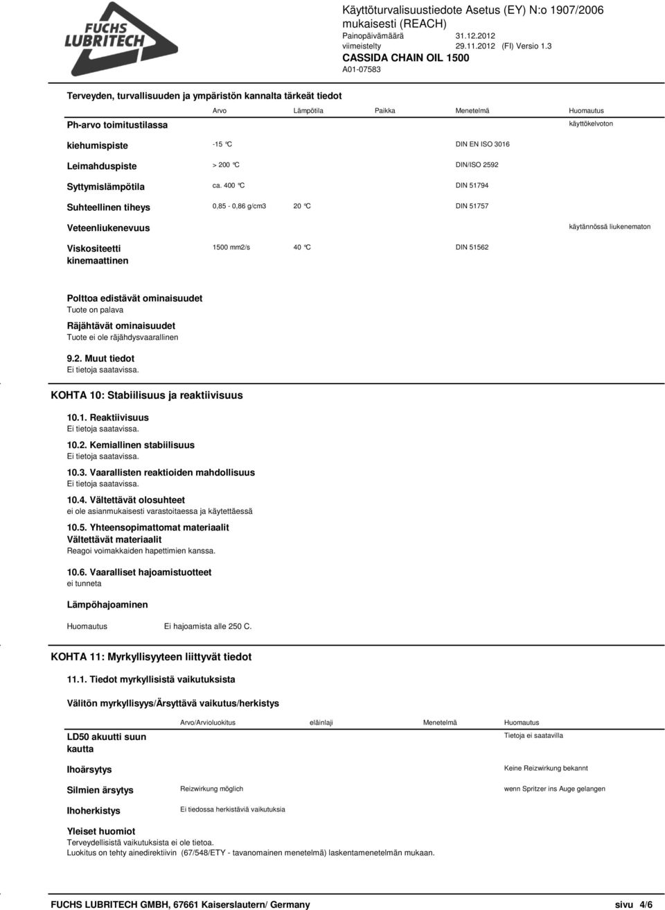 400 C DIN 51794 Suhteellinen tiheys 0,85-0,86 g/cm3 20 C DIN 51757 Veteenliukenevuus käytännössä liukenematon Viskositeetti kinemaattinen 1500 mm2/s 40 C DIN 51562 Polttoa edistävät ominaisuudet