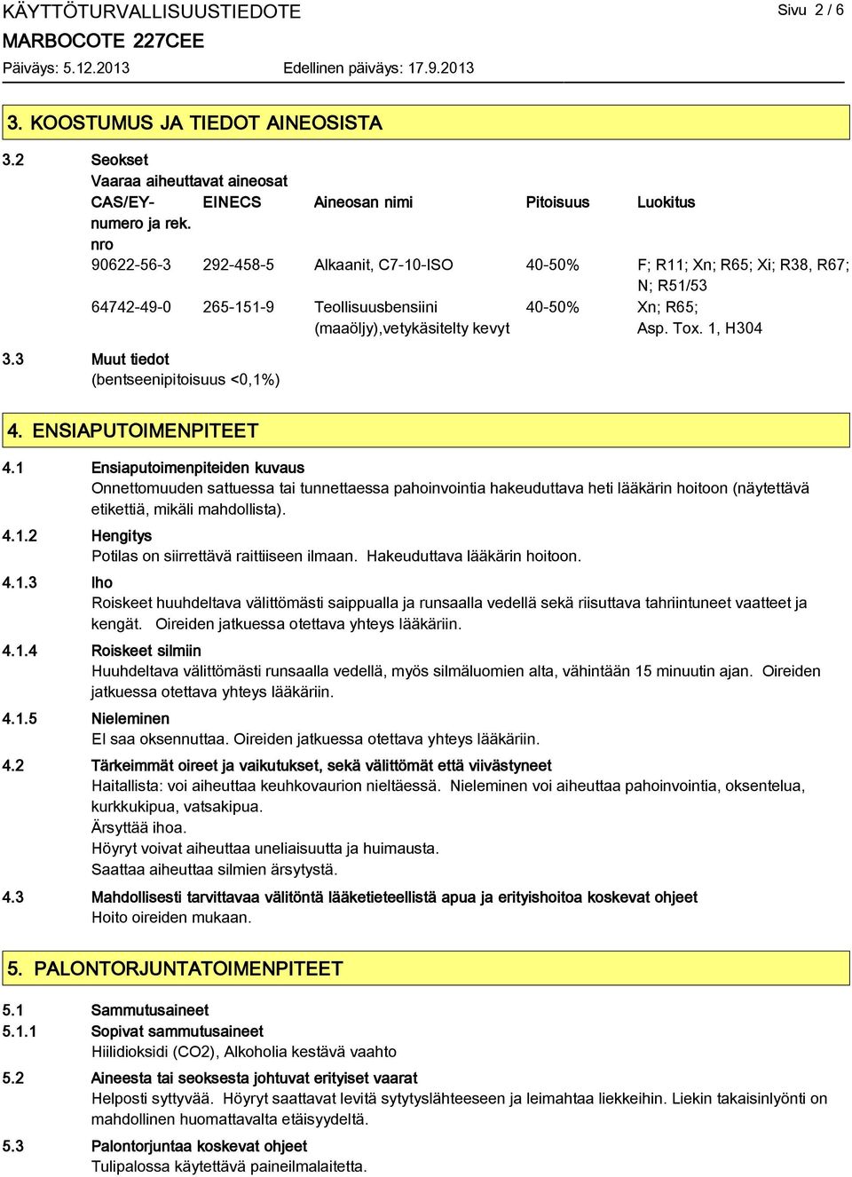 3 Muut tiedot (bentseenipitoisuus <0,1%) 4. ENSIAPUTOIMENPITEET 4.