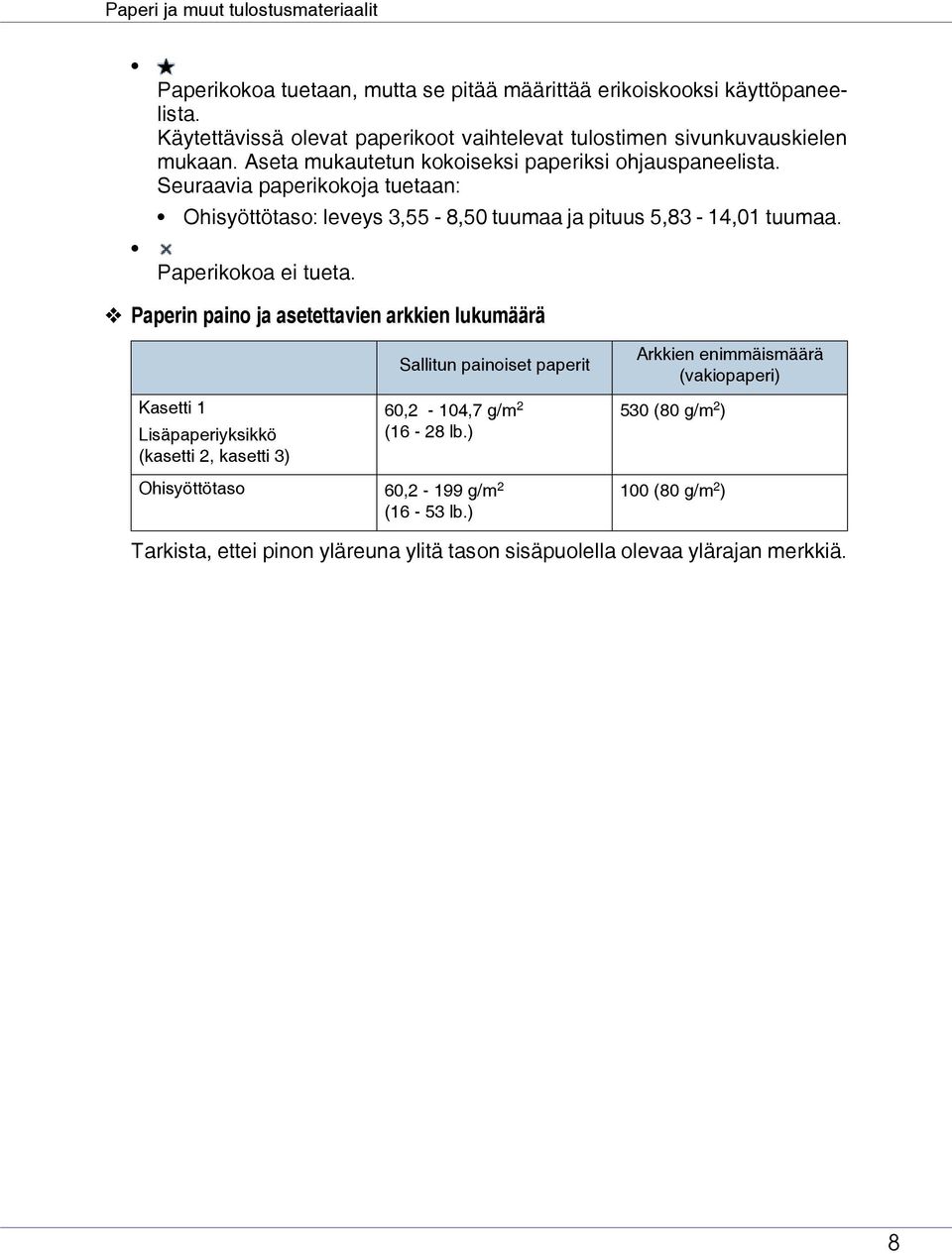 Seuraavia paperikokoja tuetaan: Ohisyöttötaso: leveys 3,55-8,50 tuumaa ja pituus 5,83-14,01 tuumaa. Paperikokoa ei tueta.