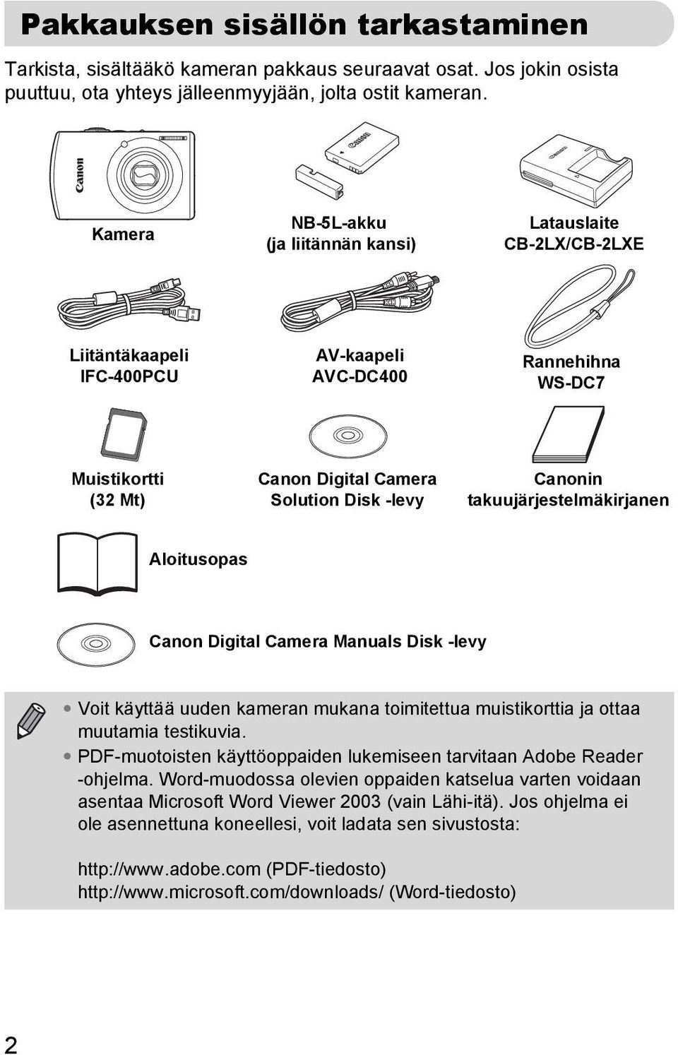 Canonin takuujärjestelmäkirjanen Aloitusopas Canon Digital Camera Manuals Disk -levy Voit käyttää uuden kameran mukana toimitettua muistikorttia ja ottaa muutamia testikuvia.