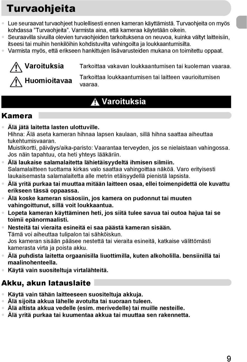 Varmista myös, että erikseen hankittujen lisävarusteiden mukana on toimitettu oppaat. Varoituksia Huomioitavaa Tarkoittaa vakavan loukkaantumisen tai kuoleman vaaraa.