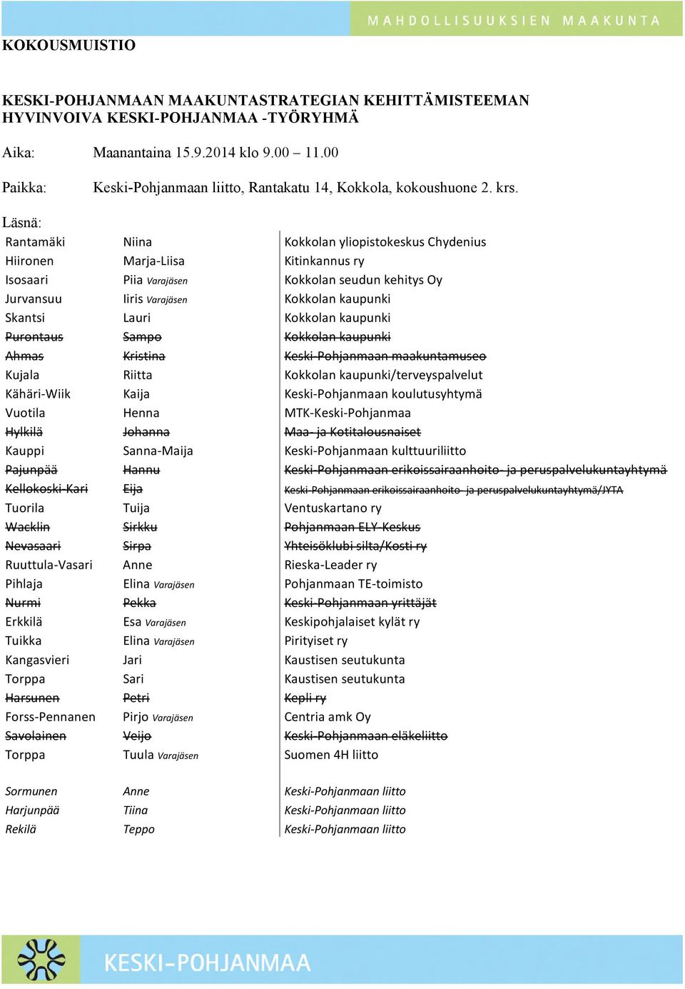 Läsnä: Rantamäki Niina Kokkolan yliopistokeskus Chydenius Hiironen Marja-Liisa Kitinkannus ry Isosaari Piia Varajäsen Kokkolan seudun kehitys Oy Jurvansuu Iiris Varajäsen Kokkolan kaupunki Skantsi