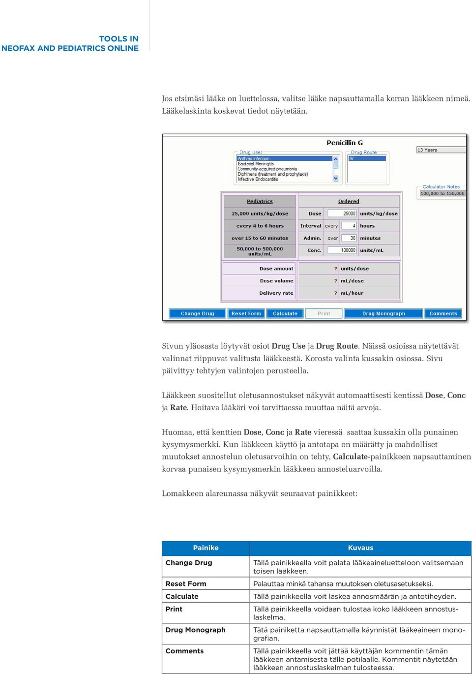 Sivu päivittyy tehtyjen valintojen perusteella. Lääkkeen suositellut oletusannostukset näkyvät automaattisesti kentissä Dose, Conc ja Rate. Hoitava lääkäri voi tarvittaessa muuttaa näitä arvoja.