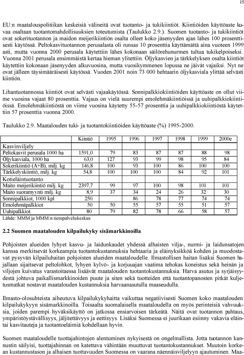 Peltokasvituotannon perusalasta oli runsas 10 prosenttia käyttämättä aina vuoteen 1999 asti, mutta vuonna 2000 perusala käytettiin lähes kokonaan säilörehunurmen tultua tukikelpoiseksi.