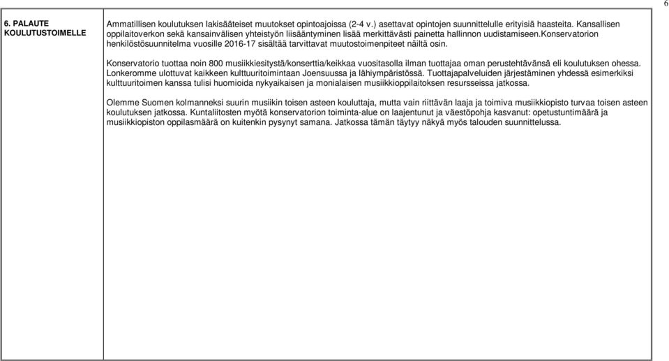 konservatorion henkilöstösuunnitelma vuosille 2016-17 sisältää tarvittavat muutostoimenpiteet näiltä osin.