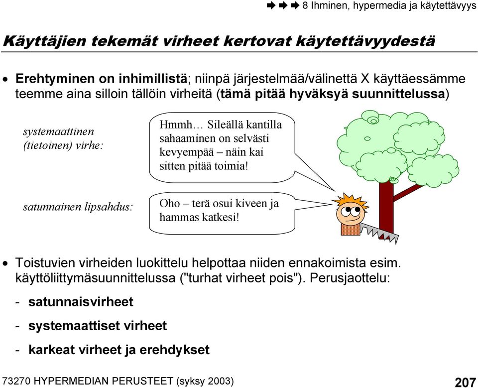 toimia! satunnainen lipsahdus: Oho terä osui kiveen ja hammas katkesi! Toistuvien virheiden luokittelu helpottaa niiden ennakoimista esim.