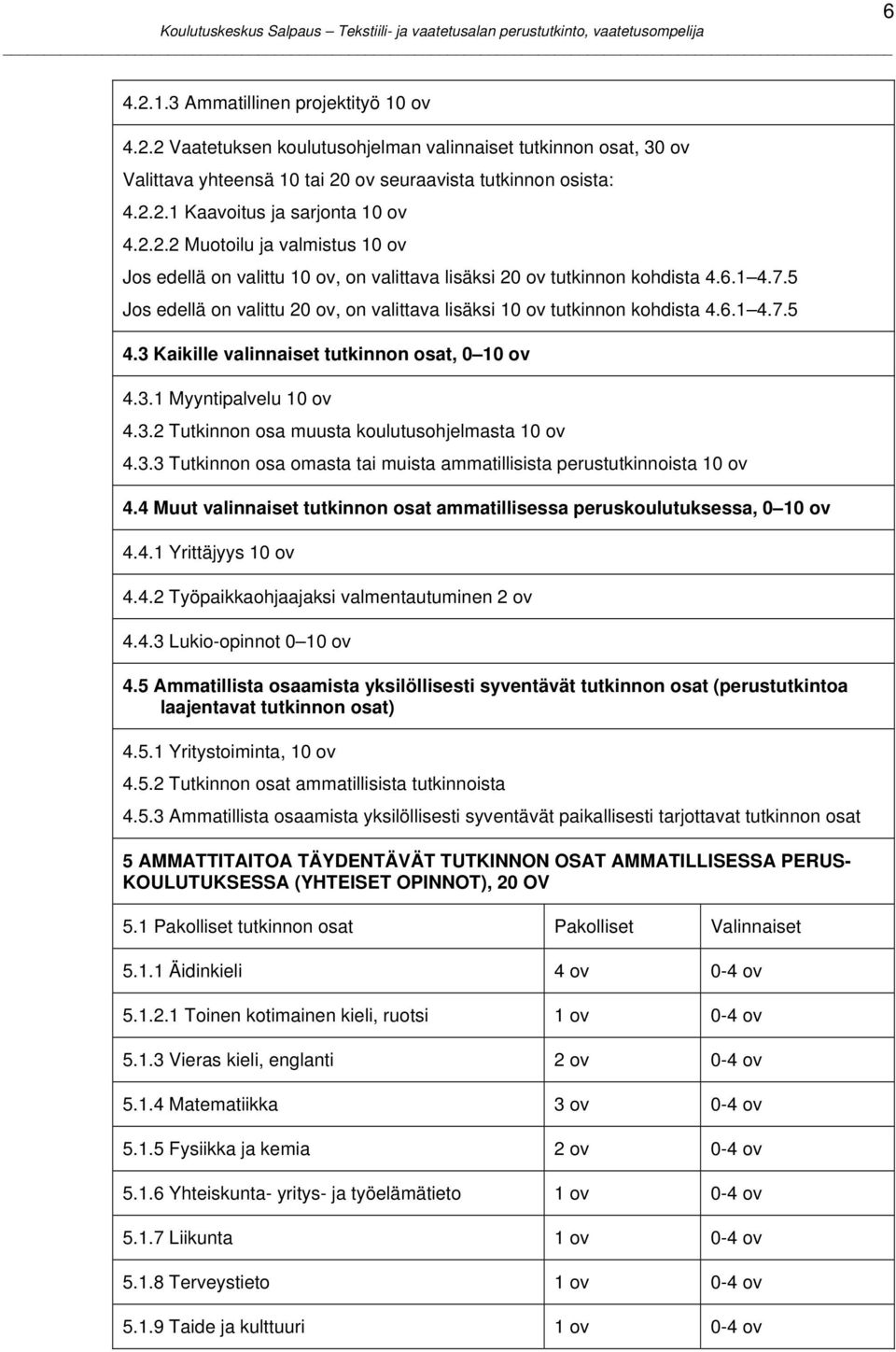 3 Kaikille valinnaiset tutkinnon osat, 0 10 ov 4.3.1 Myyntipalvelu 10 ov 4.3.2 Tutkinnon osa muusta koulutusohjelmasta 10 ov 4.3.3 Tutkinnon osa omasta tai muista ammatillisista perustutkinnoista 10 ov 4.