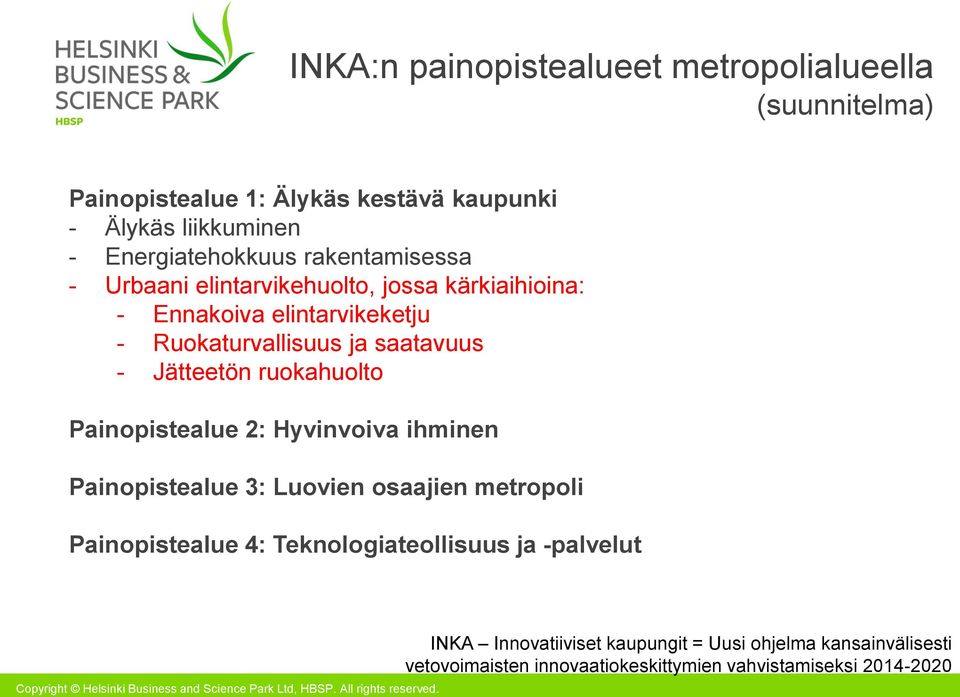 saatavuus - Jätteetön ruokahuolto Painopistealue 2: Hyvinvoiva ihminen Painopistealue 3: Luovien osaajien metropoli Painopistealue 4: