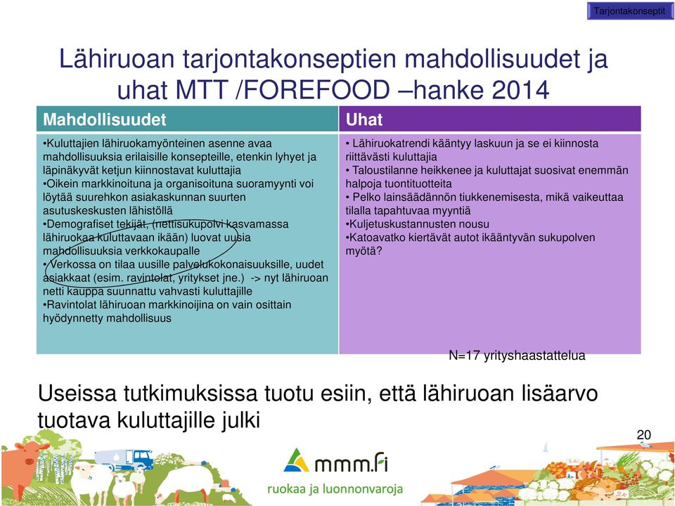 Demografiset tekijät, (nettisukupolvi kasvamassa lähiruokaa kuluttavaan ikään) luovat uusia mahdollisuuksia verkkokaupalle Verkossa on tilaa uusille palvelukokonaisuuksille, uudet asiakkaat (esim.