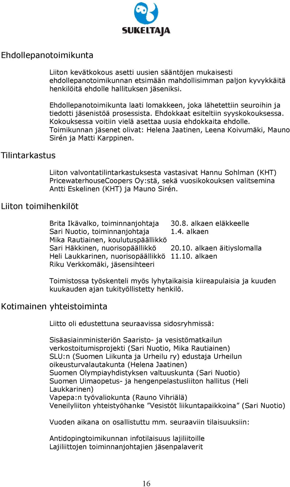 Kokouksessa voitiin vielä asettaa uusia ehdokkaita ehdolle. Toimikunnan jäsenet olivat: Helena Jaatinen, Leena Koivumäki, Mauno Sirén ja Matti Karppinen.