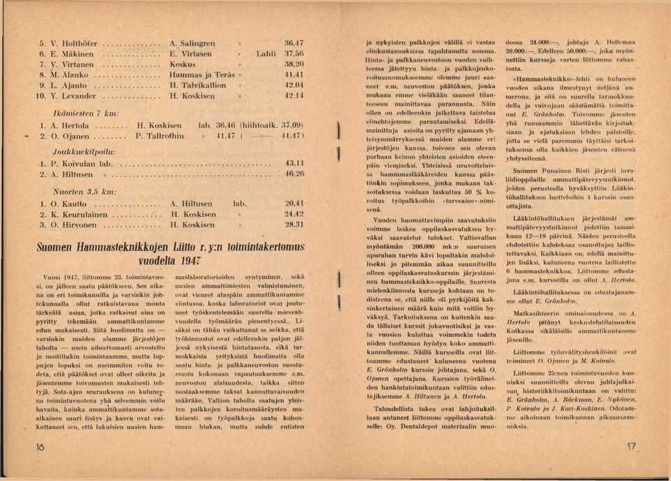 26 Nuorten 3,5 km: 1. O. Kautto :... A. Hiltusen lab. 20.41 2. K. Keurulainen. H. Koskisen» 24.42 3. O. Hirvonen H. Koski.sen» 28.31 Suomen Hammasteknikkojen Liitto r.