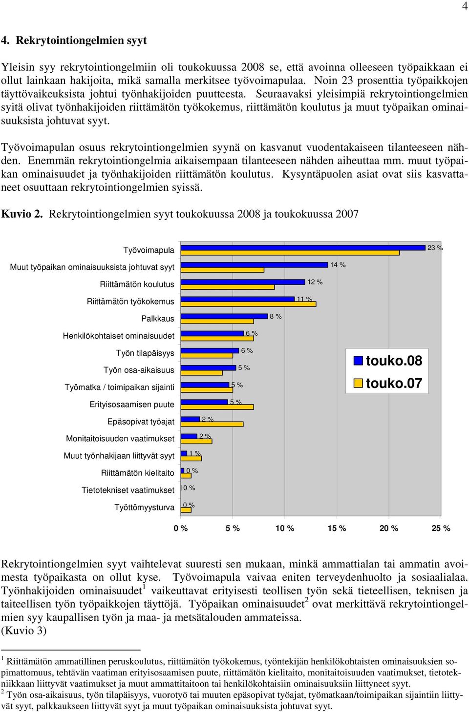 Seuraavaksi yleisimpiä rekrytointiongelmien syitä olivat työnhakijoiden riittämätön työkokemus, riittämätön koulutus ja muut työpaikan ominaisuuksista johtuvat syyt.