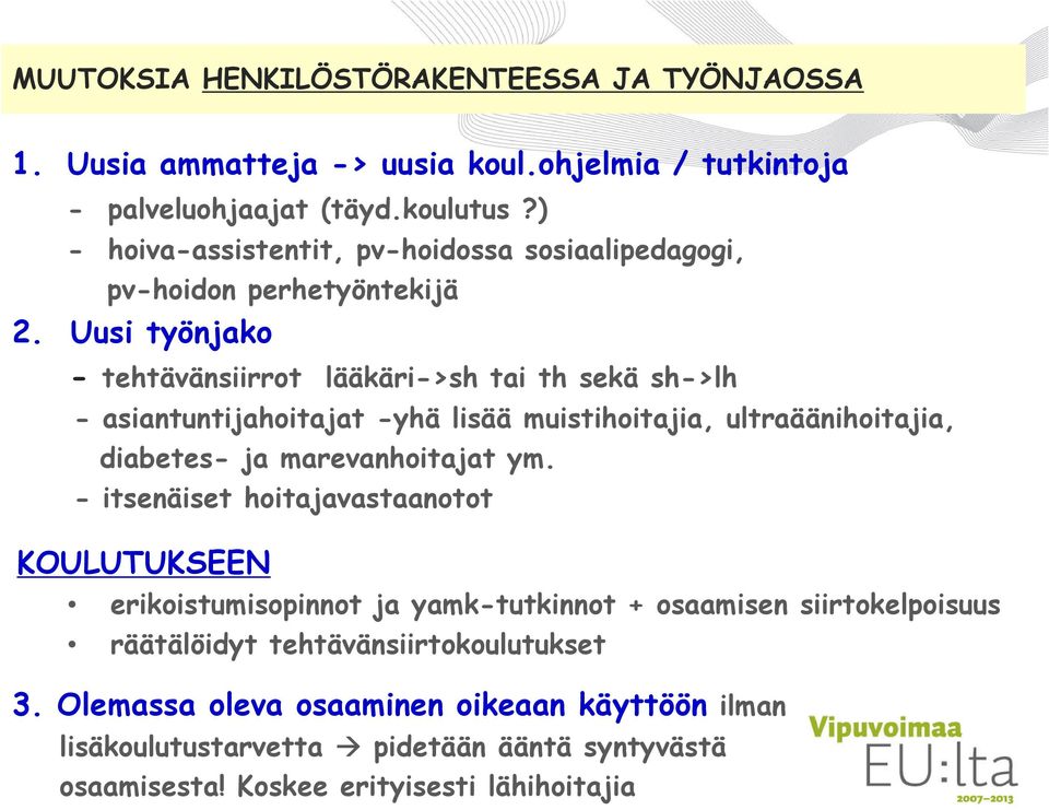 Uusi työnjako - tehtävänsiirrot lääkäri->sh tai th sekä sh->lh - asiantuntijahoitajat -yhä lisää muistihoitajia, ultraäänihoitajia, diabetes- ja marevanhoitajat ym.