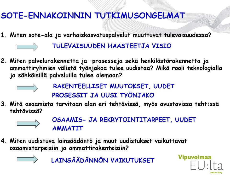 Mikä rooli teknologialla ja sähköisillä palveluilla tulee olemaan? RAKENTEELLISET MUUTOKSET, UUDET PROSESSIT JA UUSI TYÖNJAKO 3.