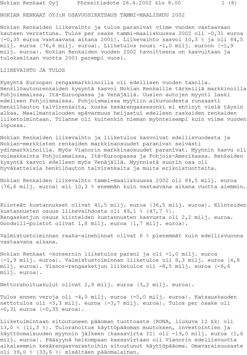 Tulos per osake tammi-maaliskuussa 2002 oli -0,31 euroa (-0,35 euroa vastaavana aikana 2001). Liikevaihto kasvoi 10,3 % ja oli 84,5 milj. euroa (76,6 milj. euroa). Liiketulos nousi -1,0 milj.