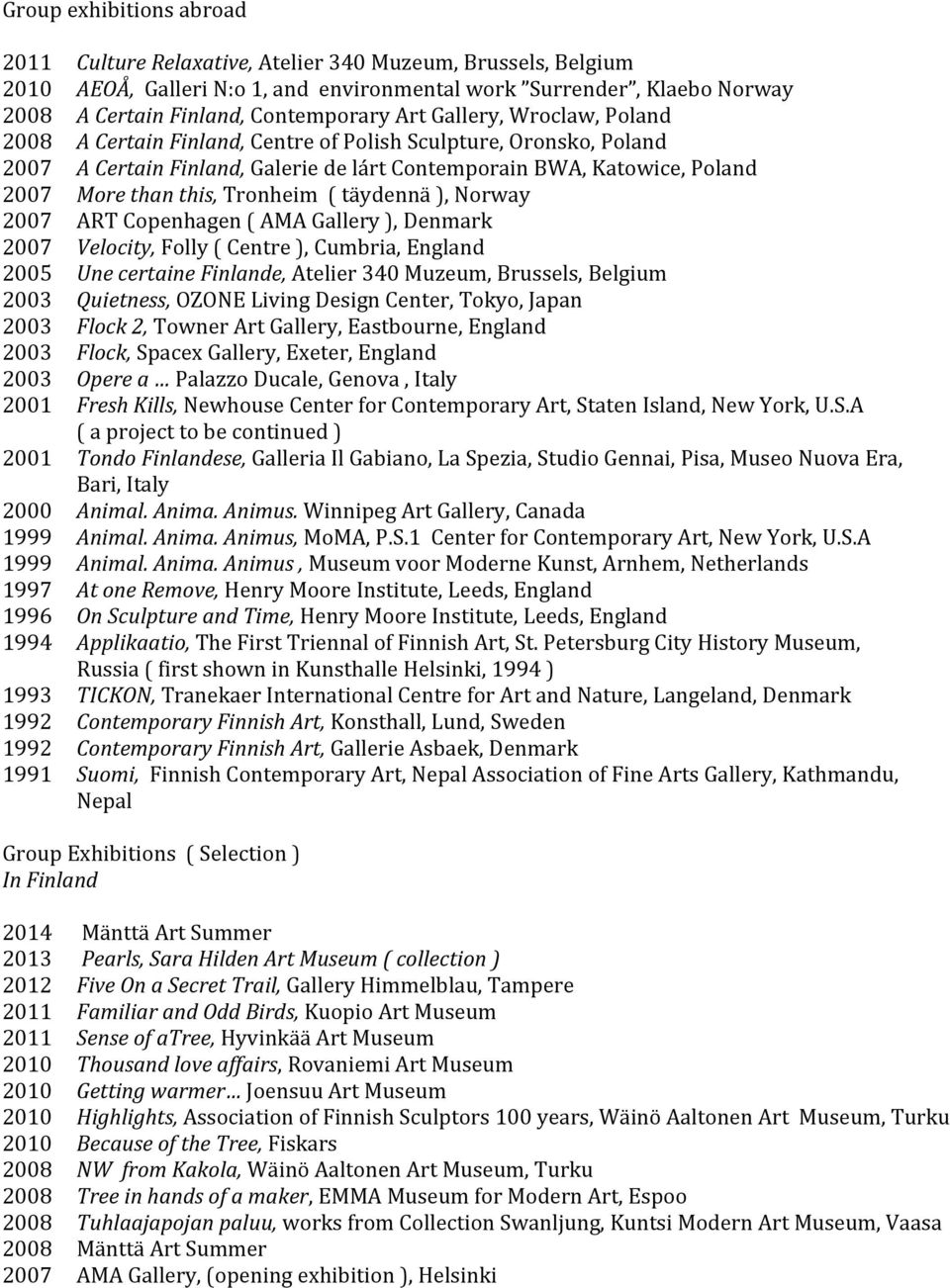 Tronheim ( täydennä ), Norway 2007 ART Copenhagen ( AMA Gallery ), Denmark 2007 Velocity, Folly ( Centre ), Cumbria, England 2005 Une certaine Finlande, Atelier 340 Muzeum, Brussels, Belgium 2003