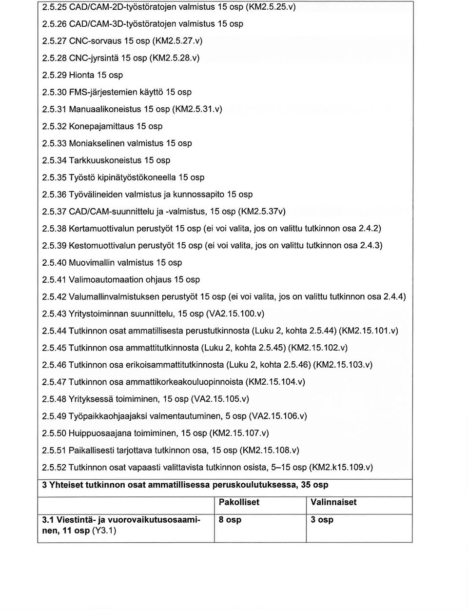 5.36 Työvälineiden vlmistus j kunnosspito 15 osp 2.5.37 CADiCAM-suunnittelu j -vlmistus, 15 osp (KM2.5.37v) 2.5.38 Kertmuottivlun perustyöt 15 osp (ei voi vlit, jos on vlittu tutkinnon os2.4.2) 2.5.39 Kestomuottivlun perustyöt 15 osp (eivoi vlit, jos on vlittu tutkinnon os2.