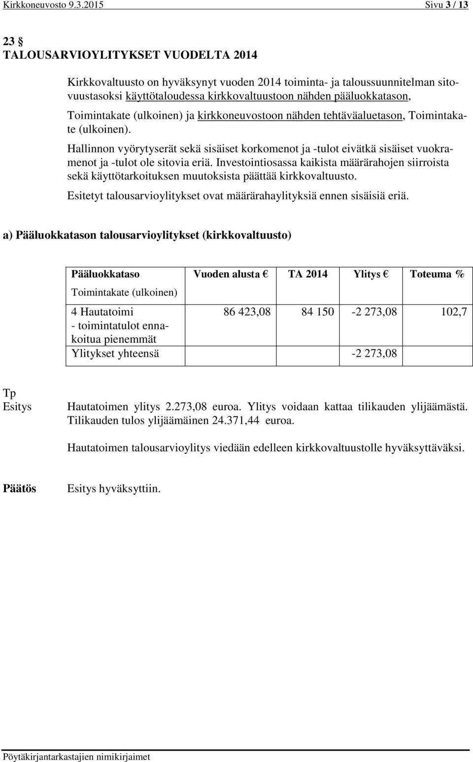 pääluokkatason, Toimintakate (ulkoinen) ja kirkkoneuvostoon nähden tehtäväaluetason, Toimintakate (ulkoinen).