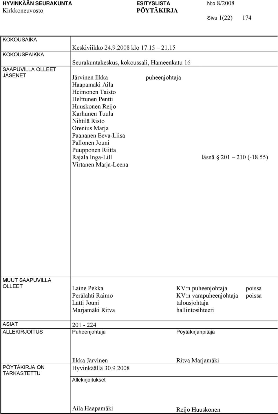 Jouni Puupponen Riitta Rajala Inga-Lill Virtanen Marja-Leena puheenjohtaja läsnä 201 210 (-18.