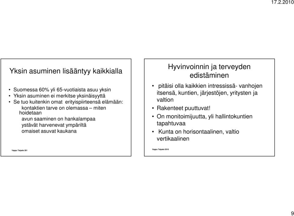 kaukana Hyvinvoinnin ja terveyden edistäminen pitäisi olla kaikkien intressissä- vanhojen itsensä, kuntien, järjestöjen, yritysten ja valtion