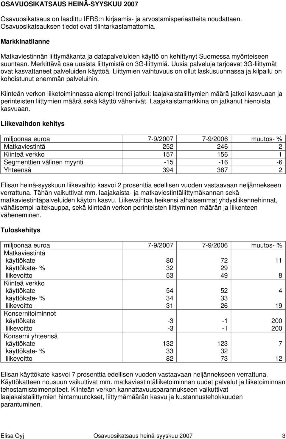 Uusia palveluja tarjoavat 3G-liittymät ovat kasvattaneet palveluiden käyttöä. Liittymien vaihtuvuus on ollut laskusuunnassa ja kilpailu on kohdistunut enemmän palveluihin.