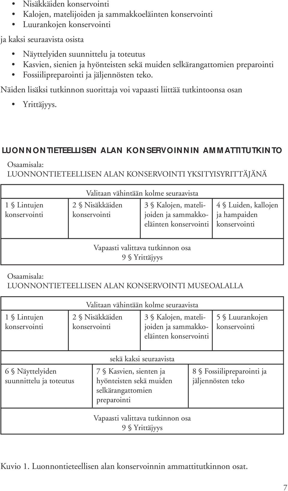 LUONNONTIETEELLISEN ALAN KONSERVOINNIN AMMATTITUTKINTO Osaamisala: LUONNONTIETEELLISEN ALAN KONSERVOINTI YKSITYISYRITTÄJÄNÄ 1 Lintujen konservointi Valitaan vähintään kolme seuraavista 2 Nisäkkäiden