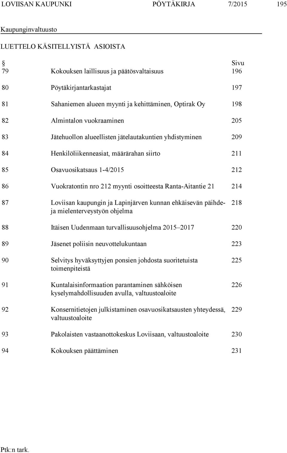 1-4/2015 212 86 Vuokratontin nro 212 myynti osoitteesta Ranta-Aitantie 21 214 87 Loviisan kaupungin ja Lapinjärven kunnan ehkäisevän päihdeja mielenterveystyön ohjelma 218 88 Itäisen Uudenmaan