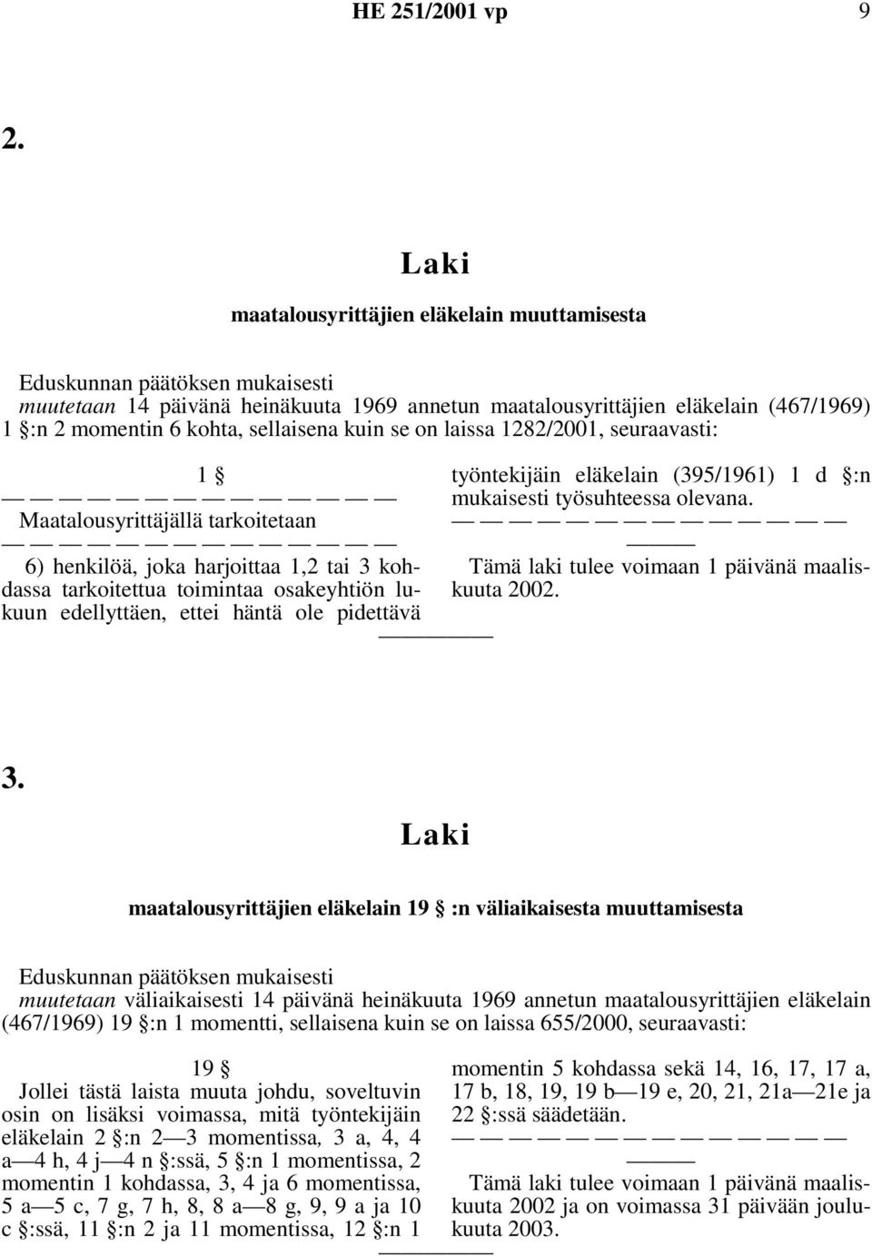 häntä ole pidettävä työntekijäin eläkelain (395/1961) 1 d :n mukaisesti työsuhteessa olevana. Tämä laki tulee voimaan 1 päivänä maaliskuuta 2002. 3.