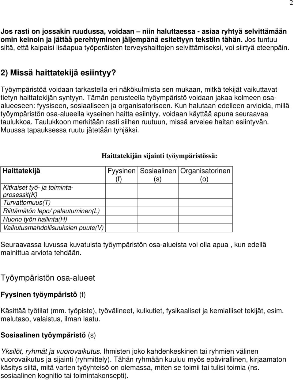 Työympäristöä voidaan tarkastella eri näkökulmista sen mukaan, mitkä tekijät vaikuttavat tietyn haittatekijän syntyyn.