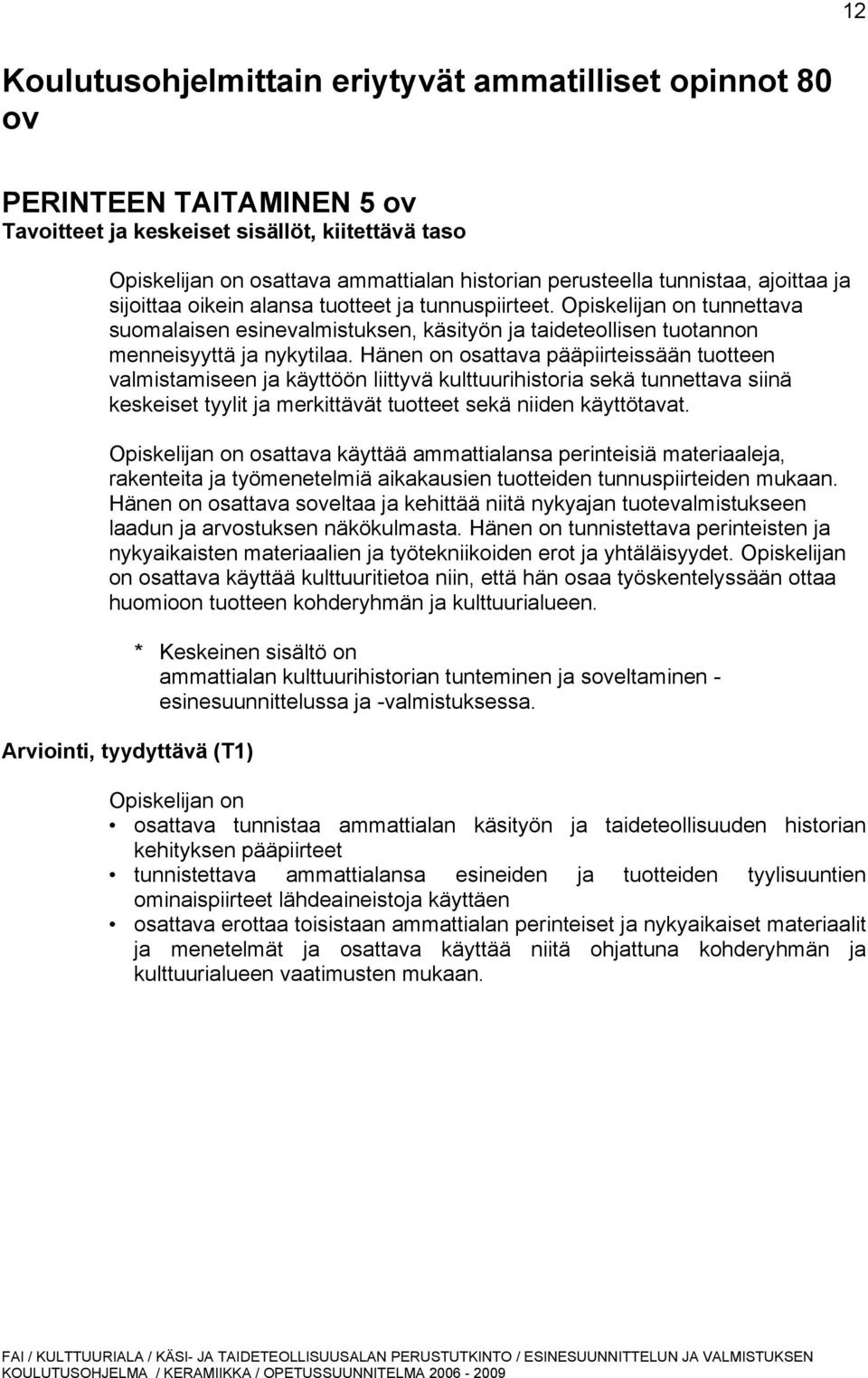Hänen on osattava pääpiirteissään tuotteen valmistamiseen ja käyttöön liittyvä kulttuurihistoria sekä tunnettava siinä keskeiset tyylit ja merkittävät tuotteet sekä niiden käyttötavat.