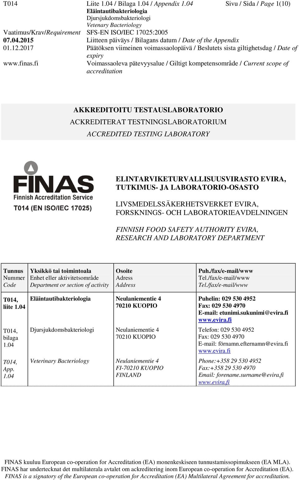 LIVSMEDELSSÄKERHETSVERKET EVIRA, FORSKNINGS- OCH LABORATORIEAVDELNINGEN FINNISH FOOD SAFETY AUTHORITY EVIRA, RESEARCH AND LABORATORY DEPARTMENT Tunnus Nummer Code Yksikkö tai toimintoala Enhet eller