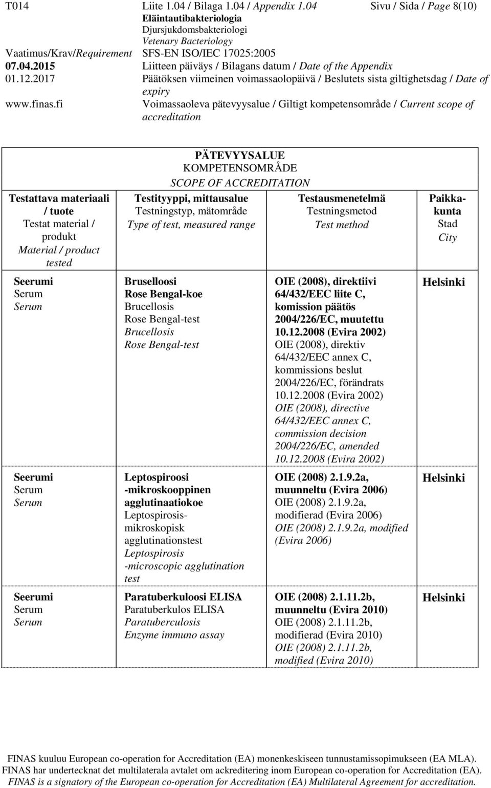 agglutinationstest Leptospirosis -microscopic agglutination test Paratuberkuloosi ELISA Paratuberkulos ELISA Paratuberculosis Enzyme immuno assay OIE (2008), direktiivi 64/432/EEC liite C, komission