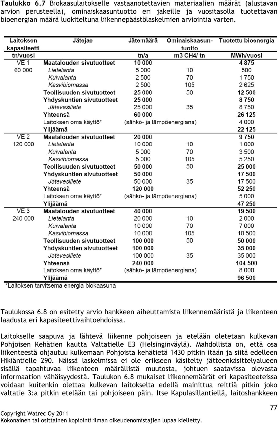 liikennepäästölaskelmien arviointia varten. Taulukossa 6.8 on esitetty arvio hankkeen aiheuttamista liikennemääristä ja liikenteen laadusta eri kapasiteettivaihtoehdoissa.