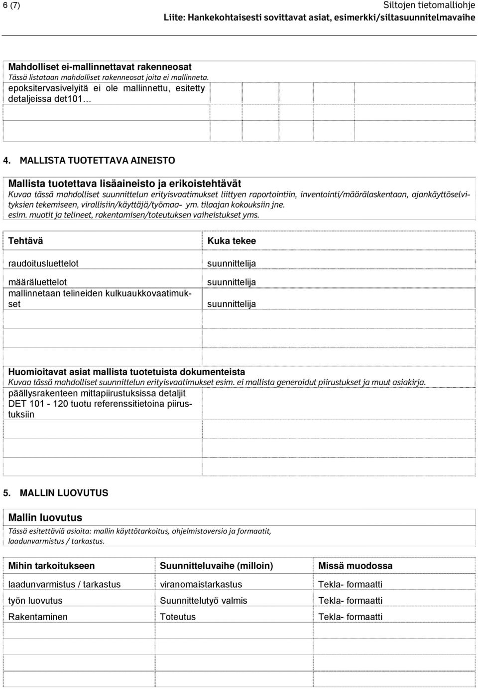 MALLISTA TUOTETTAVA AINEISTO Mallista tuotettava lisäaineisto ja erikoistehtävät Kuvaa tässä mahdolliset suunnittelun erityisvaatimukset liittyen raportointiin, inventointi/määrälaskentaan,