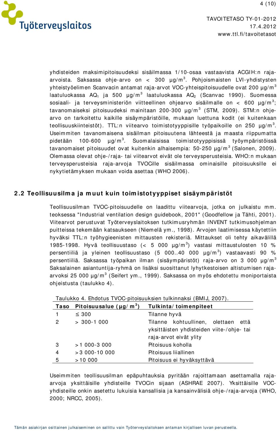 Suomessa sosiaali- ja terveysministeriön viitteellinen ohjearvo sisäilmalle on < 600 µg/m 3 ; tavanomaiseksi pitoisuudeksi mainitaan 200-300 µg/m 3 (STM, 2009).