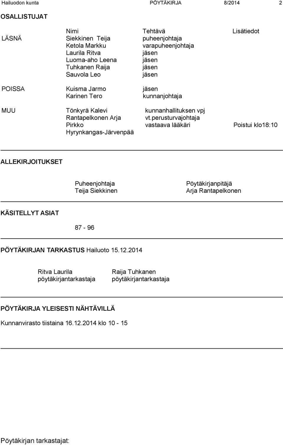 perusturvajohtaja Pirkko Hyrynkangas-Järvenpää vastaava lääkäri Poistui klo18:10 ALLEKIRJOITUKSET Puheenjohtaja Teija Siekkinen Pöytäkirjanpitäjä Arja Rantapelkonen KÄSITELLYT