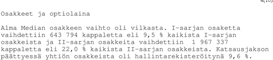 osakkeista ja II-sarjan osakkeita vaihdettiin 1 967 337 kappaletta eli 22,0 %