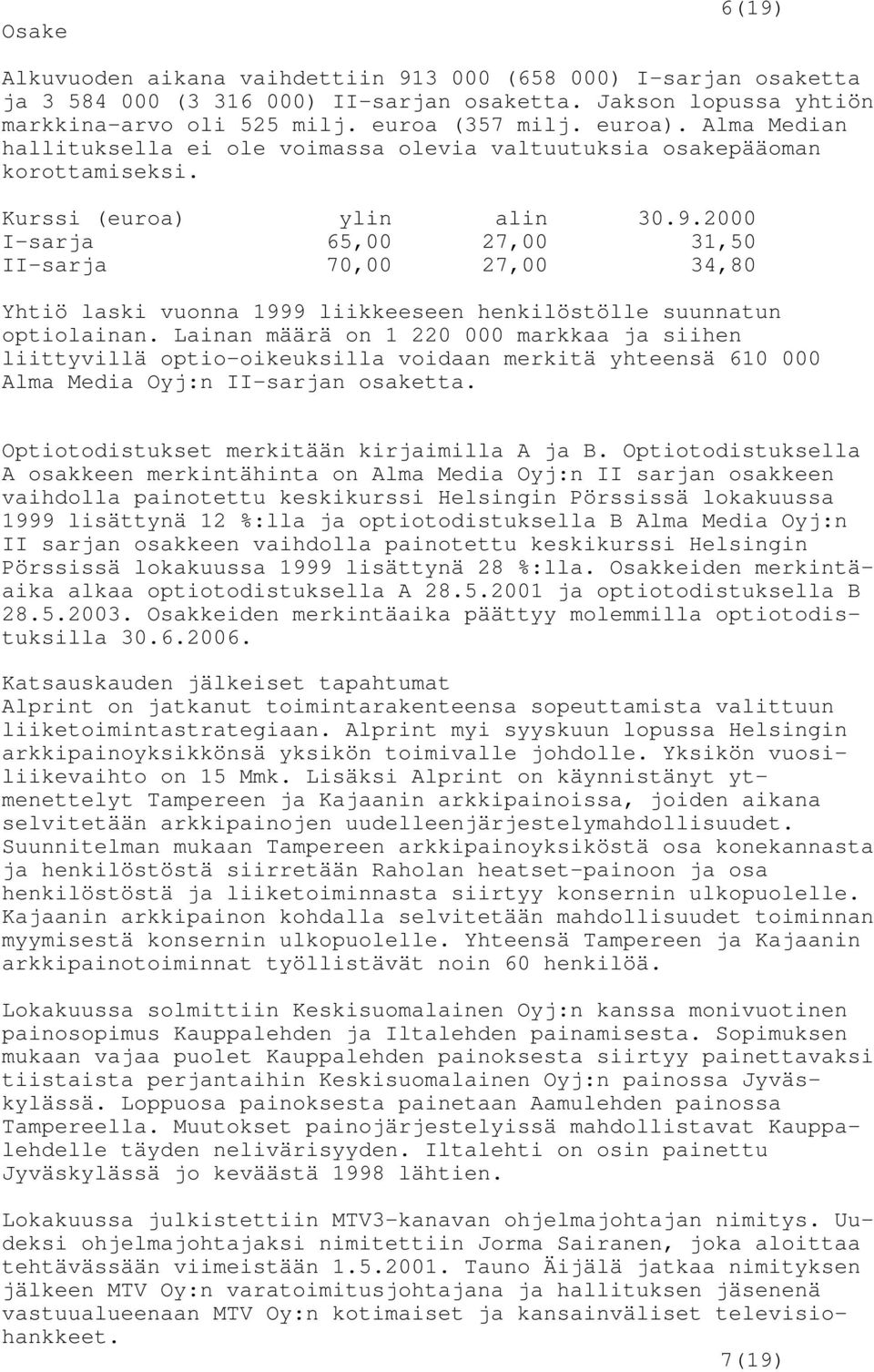 2000 I-sarja 65,00 27,00 31,50 II-sarja 70,00 27,00 34,80 Yhtiö laski vuonna 1999 liikkeeseen henkilöstölle suunnatun optiolainan.