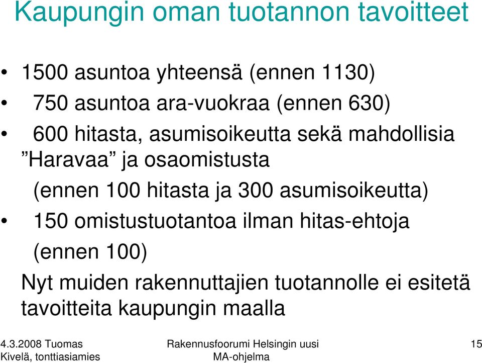 osaomistusta (ennen 100 hitasta ja 300 asumisoikeutta) 150 omistustuotantoa ilman